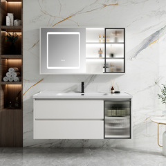 Gu Zhi Bathroom Solid Wood Ceramic One-Piece Basin Bathroom Cabinet Set with Smart Makeup Mirror and Washstand for Handwashing and Face Washing