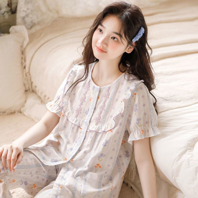 Pajamas Women's Summer New Thin Cotton Short-sleeved Women's Summer plus size Loose Sweet Solid Color Home Clothes suit