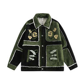 嘉衣库潮牌2024新款冬季棉服花卉刺绣分割裁剪撞色羊羔绒棉服外套