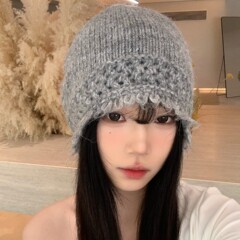 秋冬慵懒风毛边针织包头帽女气质显脸小毛线帽百搭高级感套头冷帽