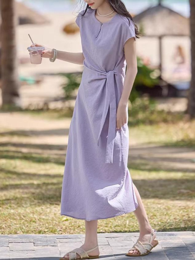 Đầm maxi nữ thắt eo tay ngắn dáng suông, thiết kế dây rút eo tôn dáng, phong cách Pháp thanh lịch mùa hè 2026 — Xanh tím
