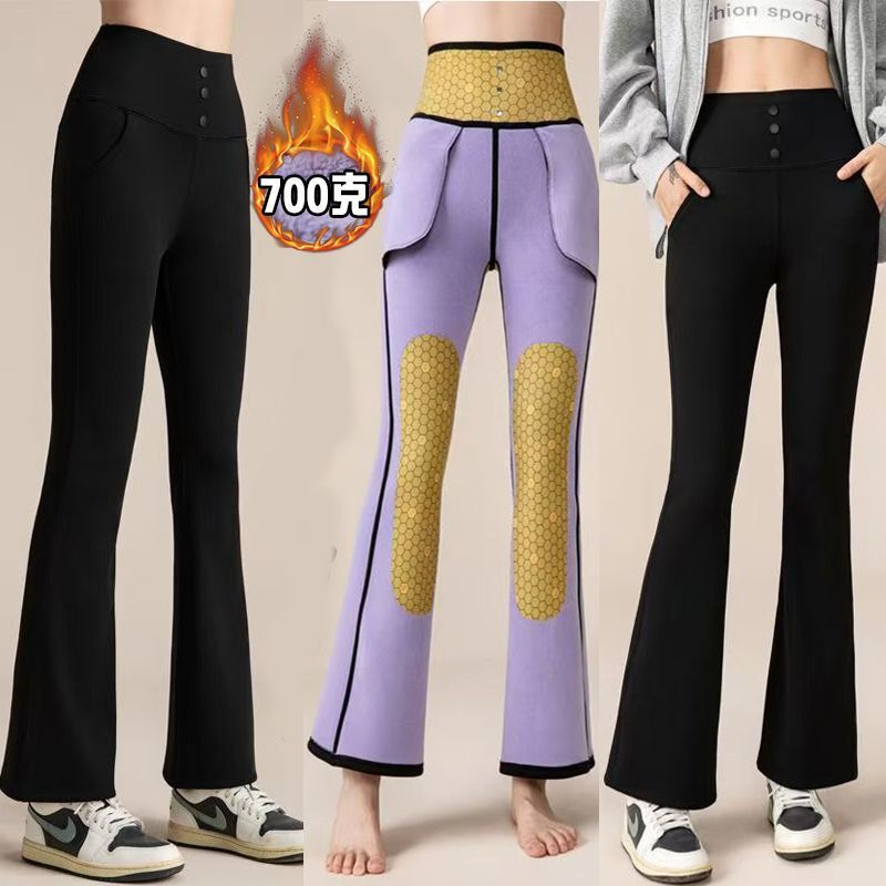 700 Extra Thick Fleece Four-Pocket Flared Shark Pants Winter High-Waisted Tummy Control Shark Pants Thickened Warm Plus-Size Yoga Pants