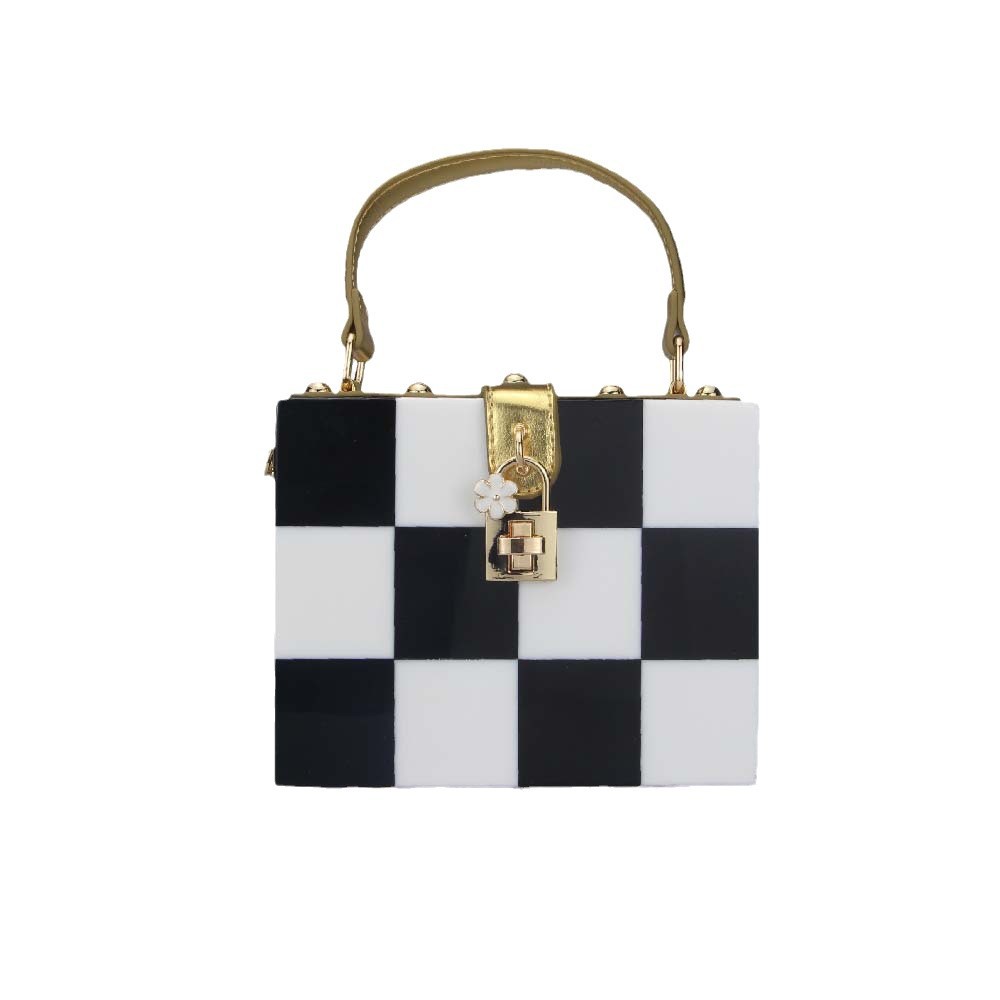 Trendy Korean-Inspired Checkerboard Acrylic Box Bag – Versatile Shoulder & Crossbody Clutch With Lock Closure_voghion.com