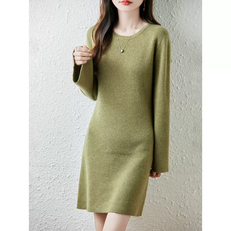 秋冬新款纯羊毛连衣裙女中长款宽松圆领喇叭袖羊绒打底羊毛毛衣裙