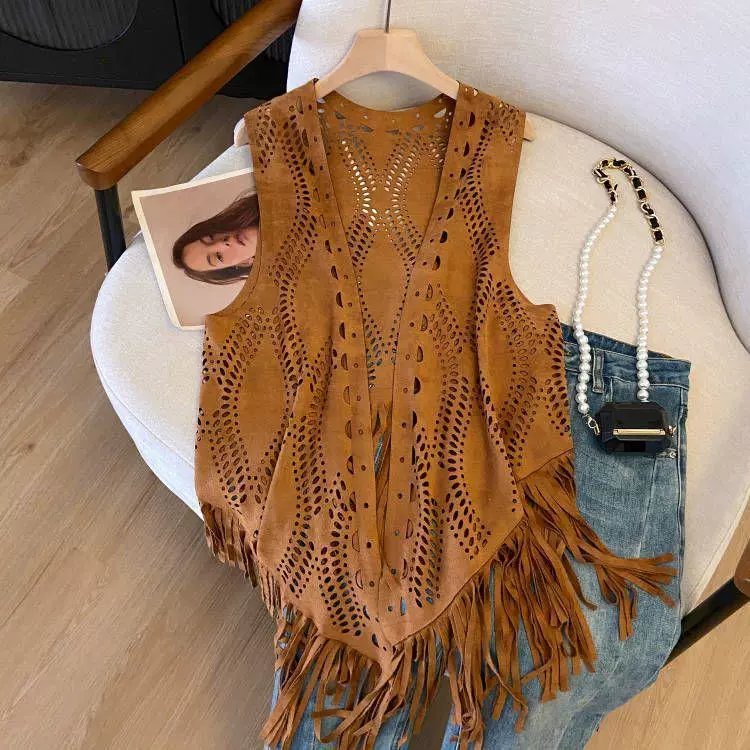 Xinjiang Travel Hollow Western Vest Style Women's Thin Tassel Retro Suede Wandering Cowboy