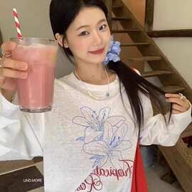 印花薄款chic罩衫韩系宽松长袖T恤女空调上衣防晒正肩秋季早白色