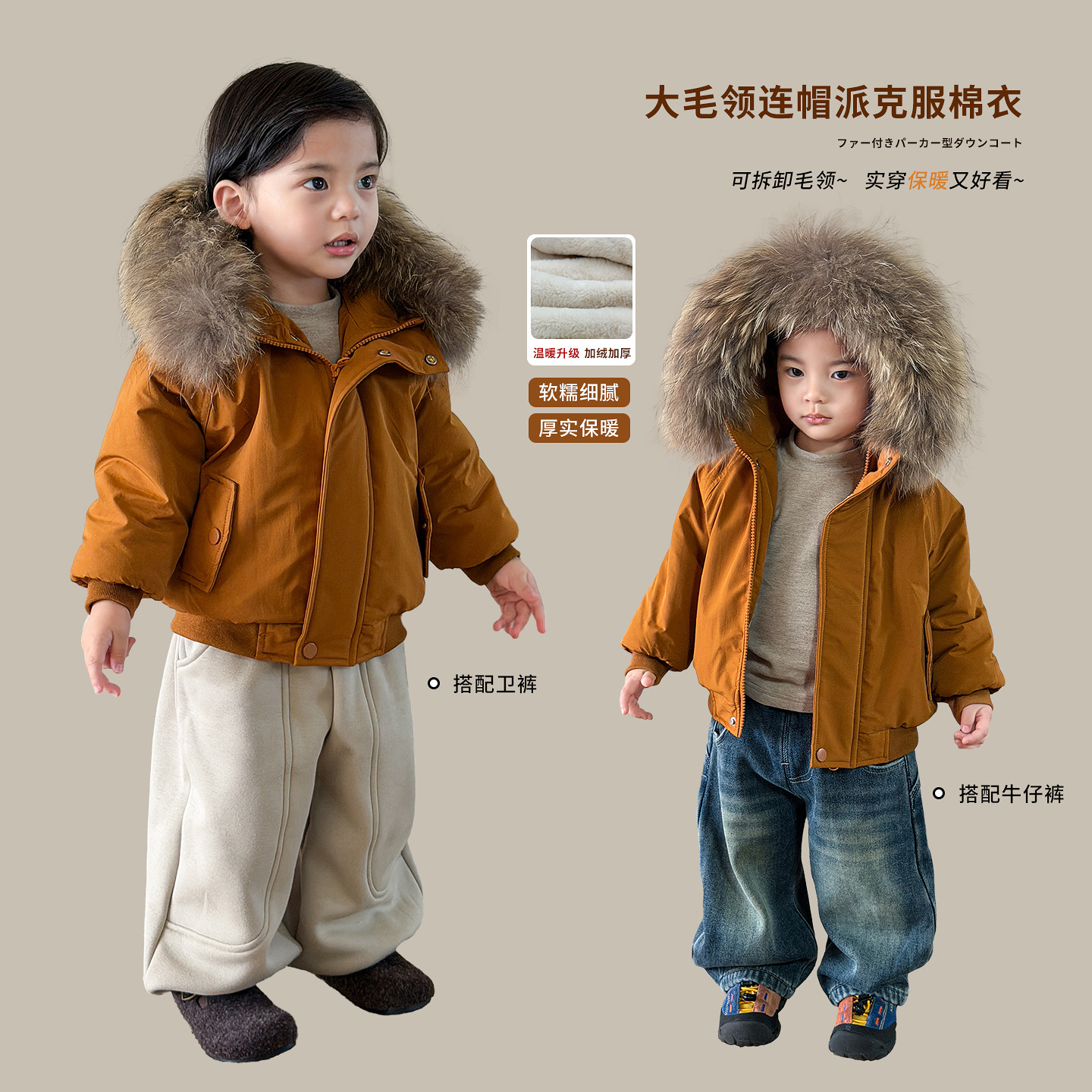茵可童装男童棉服冬装小少爷夹棉外套儿童棉衣毛领连帽派克服