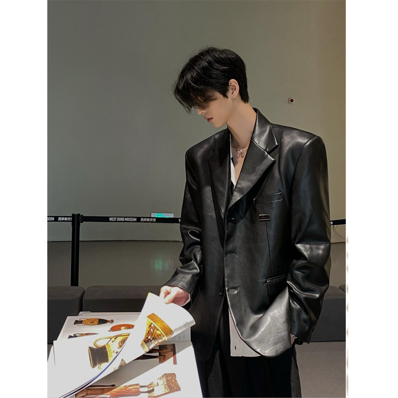 Pure Black Shoulder Pad Suit Jacket Men's Spring and Autumn High-end American Style Retro Leather Biker Aviator Jacket Pure Black Shoulder Pad Suit Jacket Men's Spring and Autumn High-end American Style Retro Leather Biker Aviator Jacket