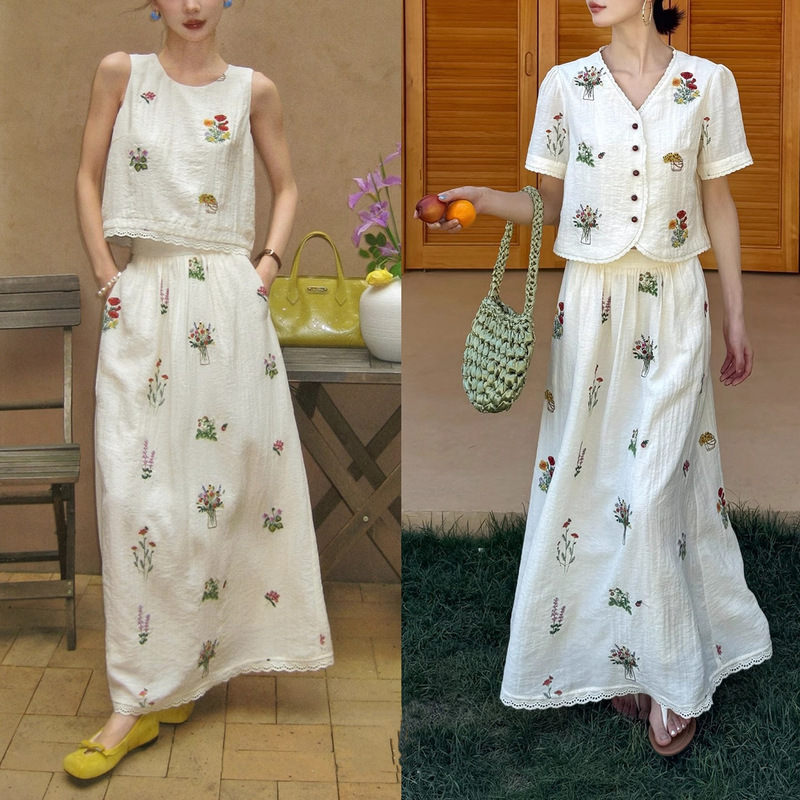 [Everything Is Beautiful] Linen Heavy Embroidered Short-Sleeved T-Shirt Women's Summer Lazy Style Skirt Suit