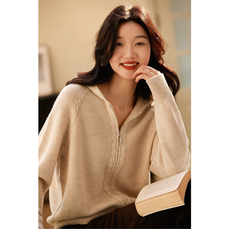 Doble cremallera capuzada jersey jersey jersey de punto Cardigan de otoño y invierno de mujer blusa holgada estilo perezoso chaqueta de punto de alta calidad