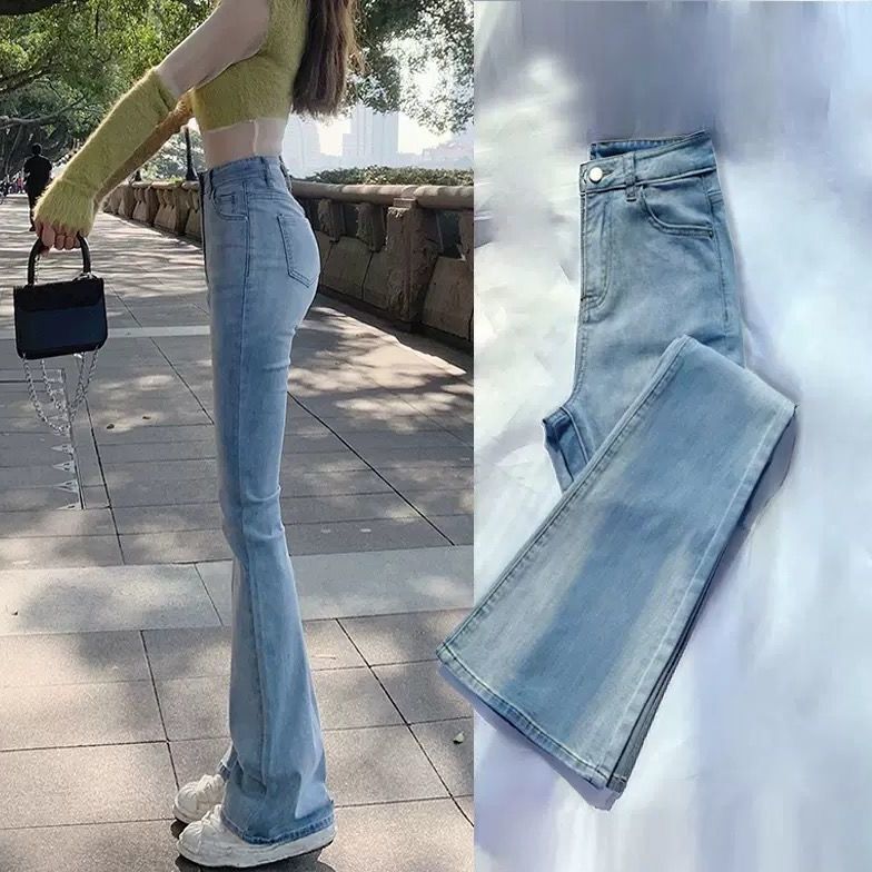 Micro-flared jeans women's 2022 spring new light blue high-waisted slim slim little horseshoe pants