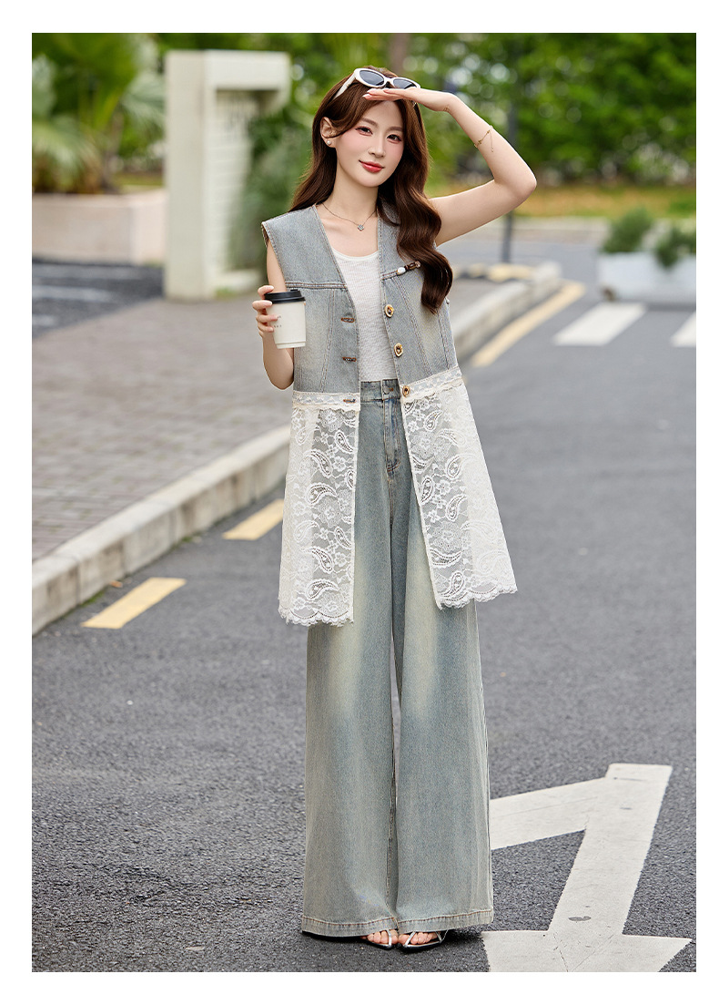 Bộ quần áo denim nữ gồm áo vest không tay và quần ống rộng AH8620 — Màu ảnh chi tiết 15