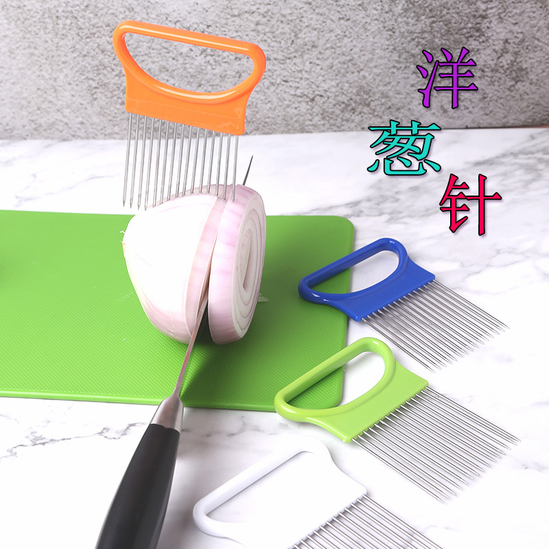 Wholesale onion needle stainless steel fork plastic handle loose meat needle lemon slicer fruit and vegetable cutting holder