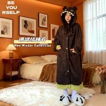 无牙仔睡衣女秋冬季加绒加厚珊瑚绒睡袍卡通可爱法兰绒家居服套装