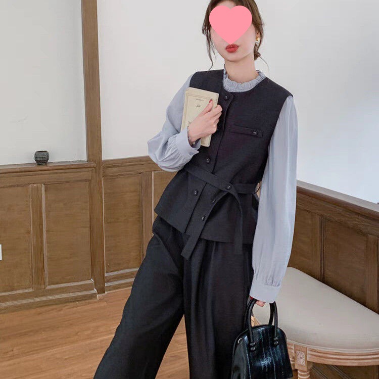 超火收腰马甲阔腿裤套装女春秋三件套韩系超火减龄穿搭设计感|undefined