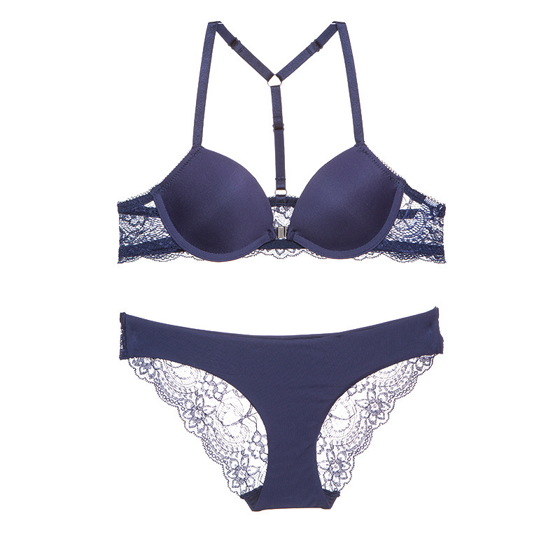 Y-shaped front buckle gathered set, sexy lace seamless lingerie bra, women's bra set_voghion.com