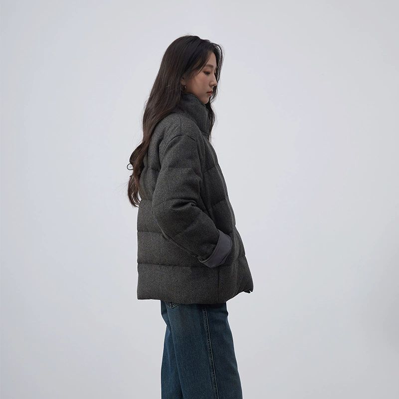 Velvet woolen demi-season warm jacket with down, goose down