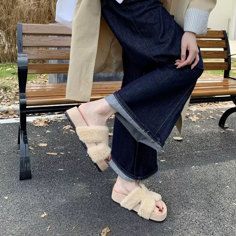 羊羔毛网红厚底毛毛拖鞋女外穿秋冬季2025新款名媛风休闲毛毛拖鞋|undefined