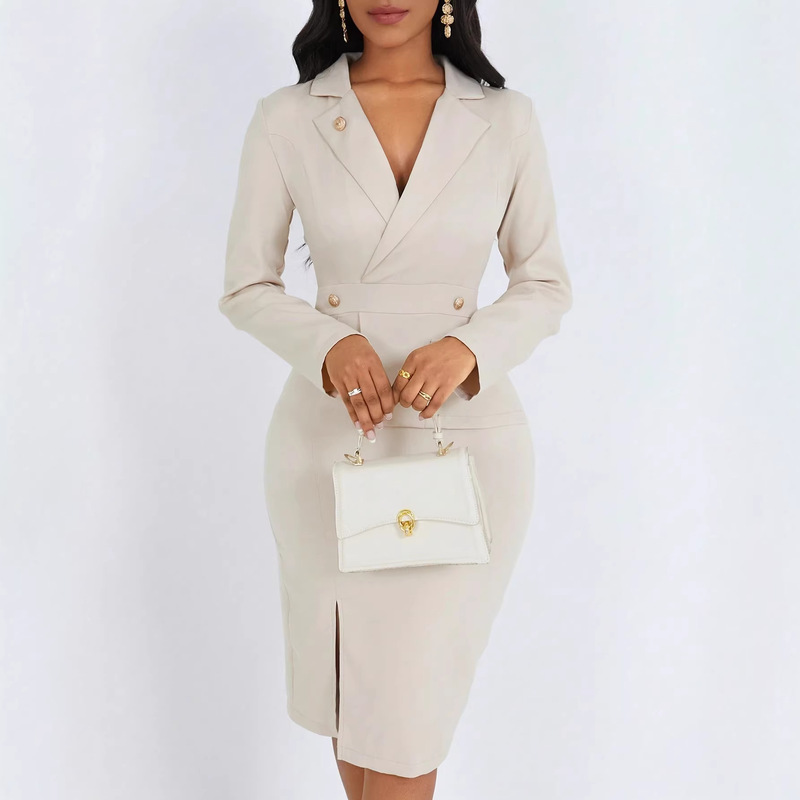 Women's Solid Color Elegant Mini Dress with Lapel Collar, Long Sleeves, and Slit Hem, Autumn Long Style, European and American Cross-Border Fashion Women's Solid Color Elegant Mini Dress with Lapel Collar, Long Sleeves, and Slit Hem, Autumn Long Style, European and American Cross-Border Fashion