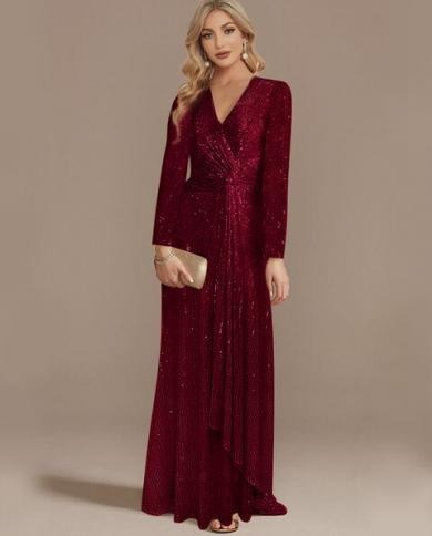 Elegantes Langarm Pailletten Abendkleid Für Damen Einfarbig_voghion.com