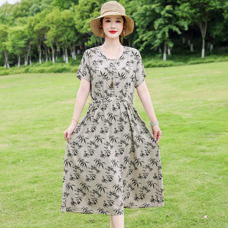 Летнее женское бамбуковое хлопковое платье Mom's в китайском стиле, элитное, модное, для среднего возраста, уменьшающее возраст, новый дизайн в китайском стиле, тренд с короткими рукавами.