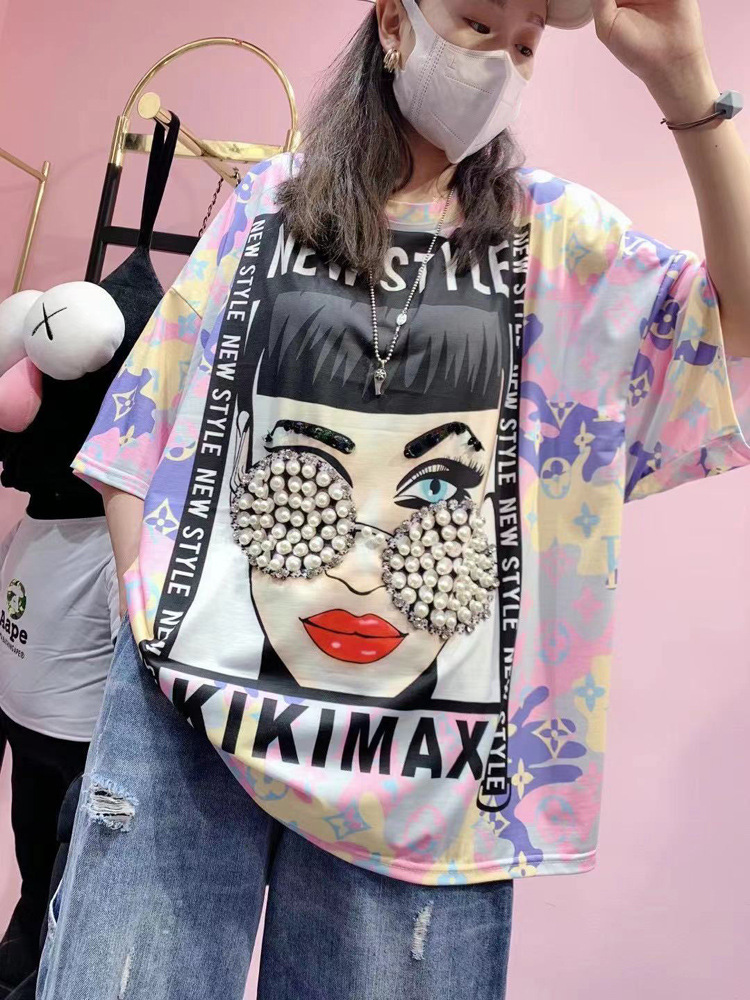 Europe station 2021 summer new pattern Cartoon Nail bead Western style Chaopai Short sleeved Easy Big version T-shirt jacket