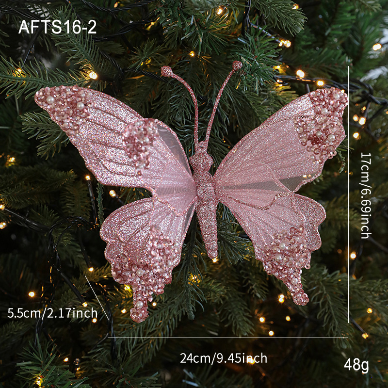 Nuevos productos transfronterizos, malla de simulación de color, brillo, mariposa, libélula, polvo pegajoso, colgante decorativo con clip de Navidad de perlas