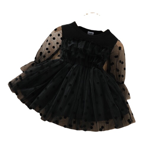 Ins women's foreign trade lace dress for girls 0-3 years old, black polka dot long dress, net princess dress for spring and autumn
