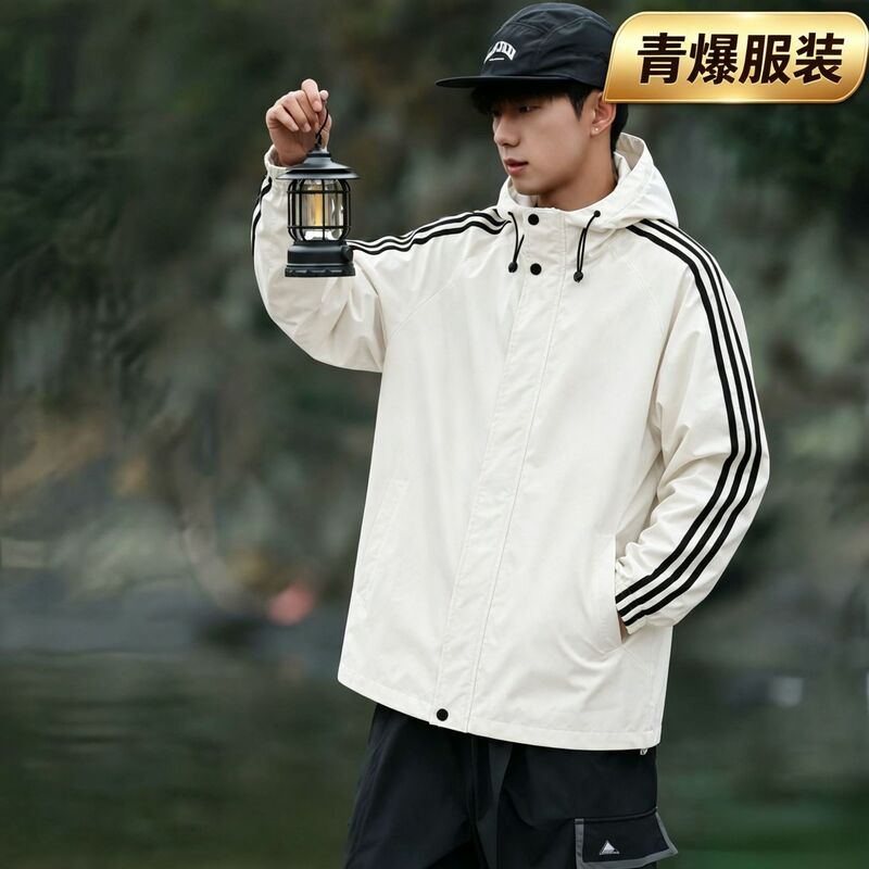 Cross-border three-stripe jacket for men, spring and autumn style, outdoor sports windbreaker, running hooded casual jacket, waterproof windproof jacket
