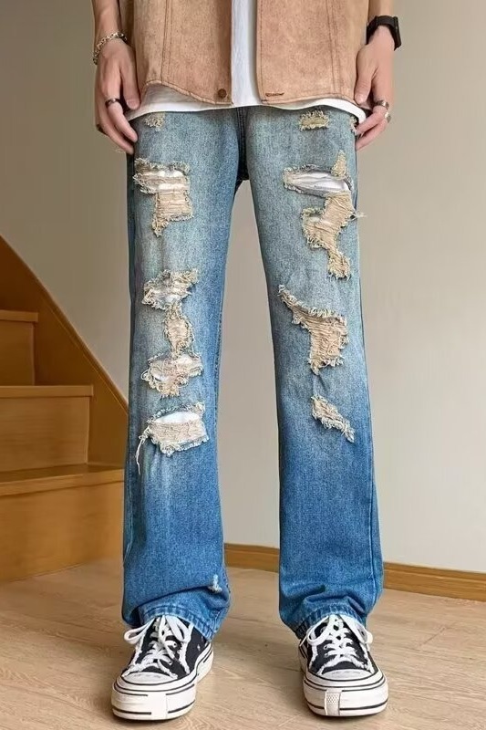 Men's Distressed Jeans Black to Gray Washed Straight-Leg Denim Pants High Street Grunge Style_mkmklike.com