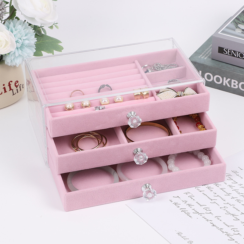 Joyero de acrílico con almacenamiento de tres niveles tipo cajón para anillos, accesorios para el cabello, pulseras y caja de terciopelo para guardar joyas.