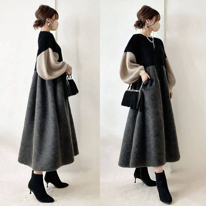 现货 2025早春新款毛衣裙日系圆领撞色灯笼袖宽松毛衣连衣裙