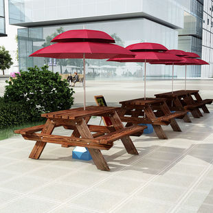 Outdoor Anti-Corrosion Carbonized Tables and Chairs, Leisure Table and Chair Combination, Balcony Outdoor Table and Chairs with Umbrella, Park Solid Wood One-Piece Dining Table