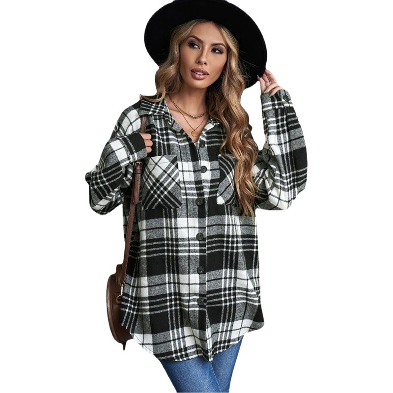 Abrigo de Lana a Cuadros para Mujer con Solapa y Botones para Otoño e Invierno
