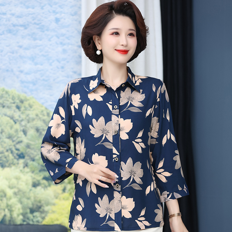 Middle-Aged and Elderly Women's Shirts, Grandma's Cotton Silk Mother's Lapel Cardigan, Elderly People's Sweat-Absorbent Artificial Cotton Shirts, Thin Clothes