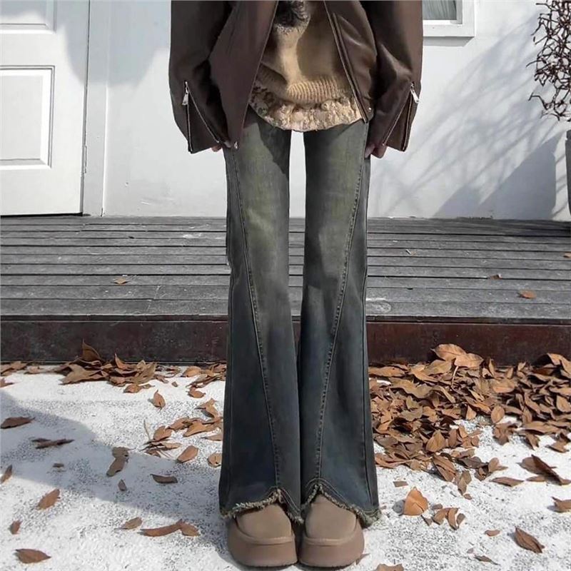 Cement Gray Raw Edge Slit Bootcut Jeans for Women Spring & Fall Large Size Fat mm High Waist Slimming Look Hip-Covering Elastic Flared Pants