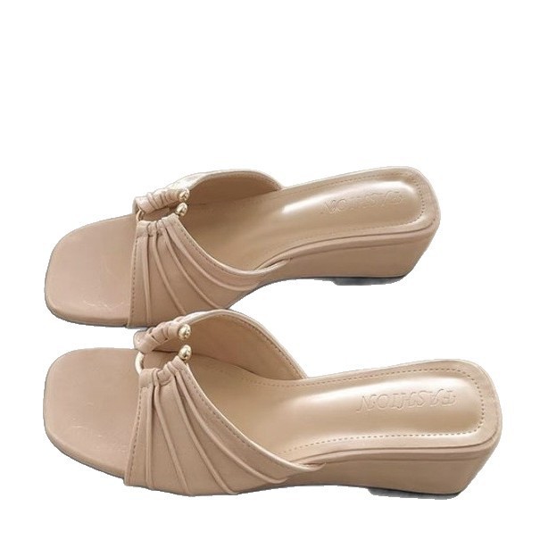 Suave estilo francés plegado pendiente con zapatillas de verano para mujeres 06 nuevo con falda antideslizante desnudo zapatillas frías image 5