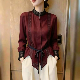 知性风蕾丝拼接立领系带上衣女红色收腰气质感超好看时尚衬衣