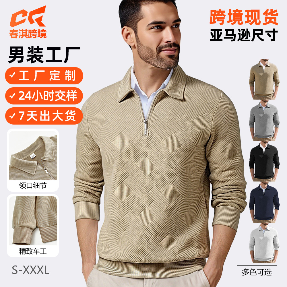 Transfronterizos Europa y América Amazon American otoño nuevo hombre retro jacquard manga larga con solapa media cremallera camiseta casual