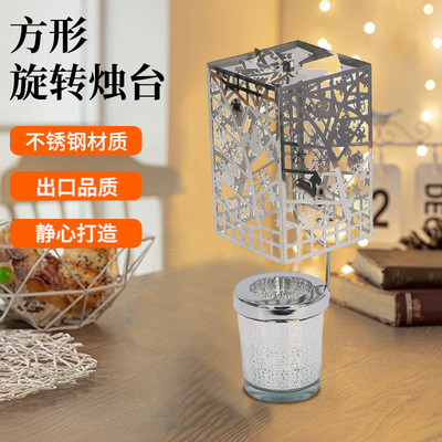源头厂家亚马逊创意不锈钢方形圣诞光影灯罩香薰走马灯旋转烛台|ms
