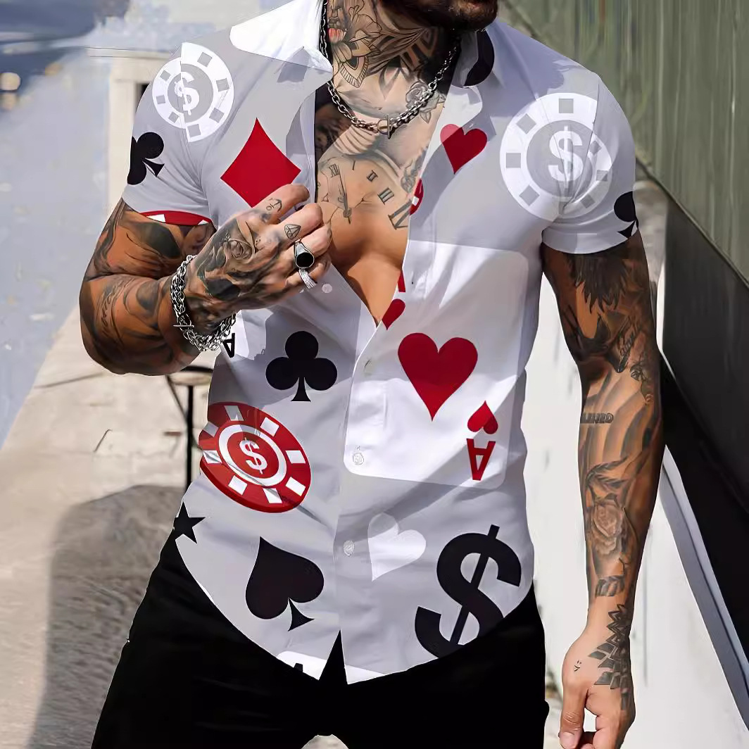 Beach Surfing Men's Shirt European and American Trade 3D Digital Geometry Hawaiian Printing Muscle Short Sleeve