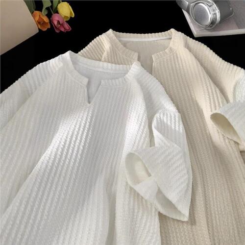 White V-neck Short-sleeve T-shirt for Men, Summer Texture Loose Half-sleeve T-shirt, American Trend Brand Heavyweight Youth Top