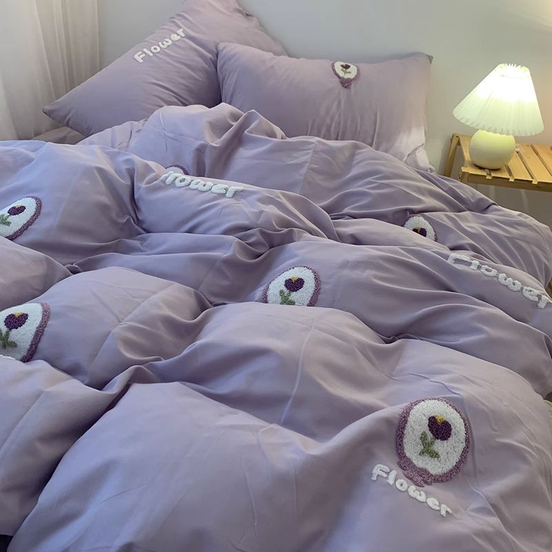 ins high-grade gray panda embroidery washed cotton quilt cover four-piece bed sheet fitted sheet three-piece student dormitory 4