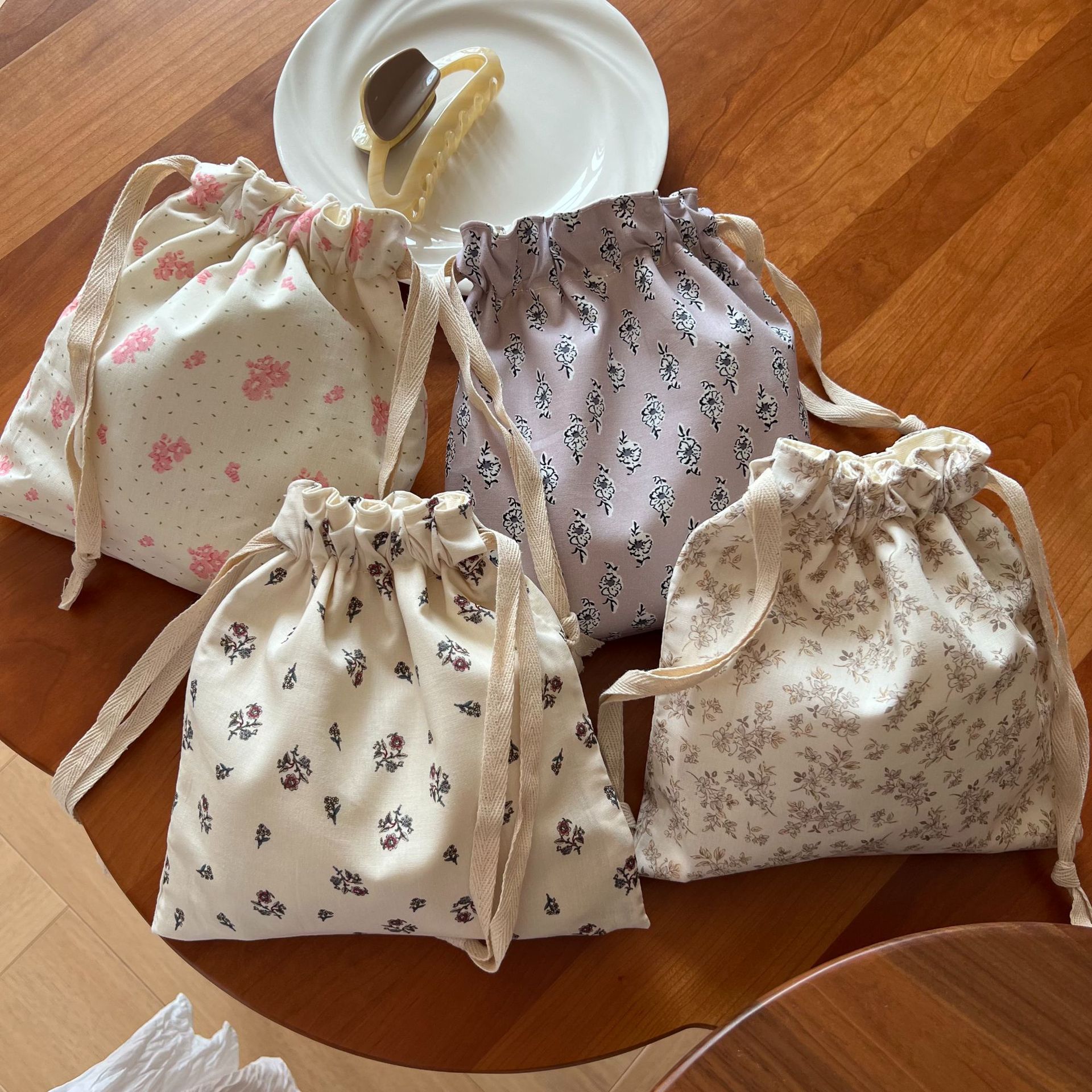 [Suxi Cloth Bag] Korean Style Elegant and Simple Pure Cotton Printed Drawstring Small Cloth Bag Storage Small Cotton Bag Mobile Phone Bag
