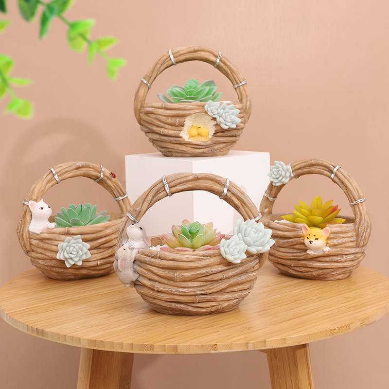Chậu Cây Resin Chậu cây mọng nước hình giỏ tre resin, chậu mini động vật, trang trí tiểu cảnh và cây xanh (RG-259)
