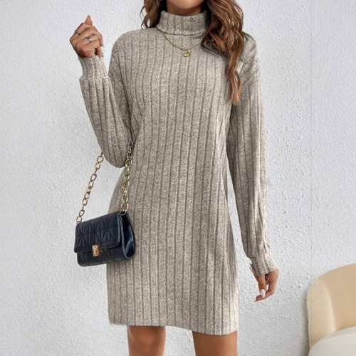 European and American women's mid-length skirt, fashionable brushed striped autumn high-neck long-sleeved dress