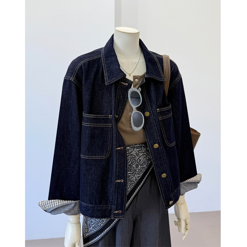 Highly Recommended! Autumn Style~ Hong Kong Style Retro Navy Blue Short Outdoor Loose Jacket Denim Jacket for Women Highly Recommended! Autumn Style~ Hong Kong Style Retro Navy Blue Short Outdoor Loose Jacket Denim Jacket for Women
