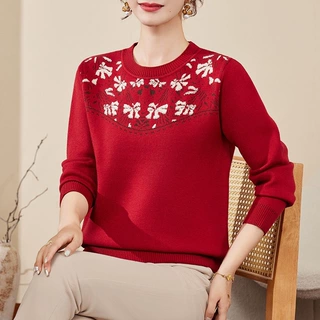 【100%羊毛】妈妈毛衣秋冬上衣奶奶女装厚款中老年针织打底羊毛衫