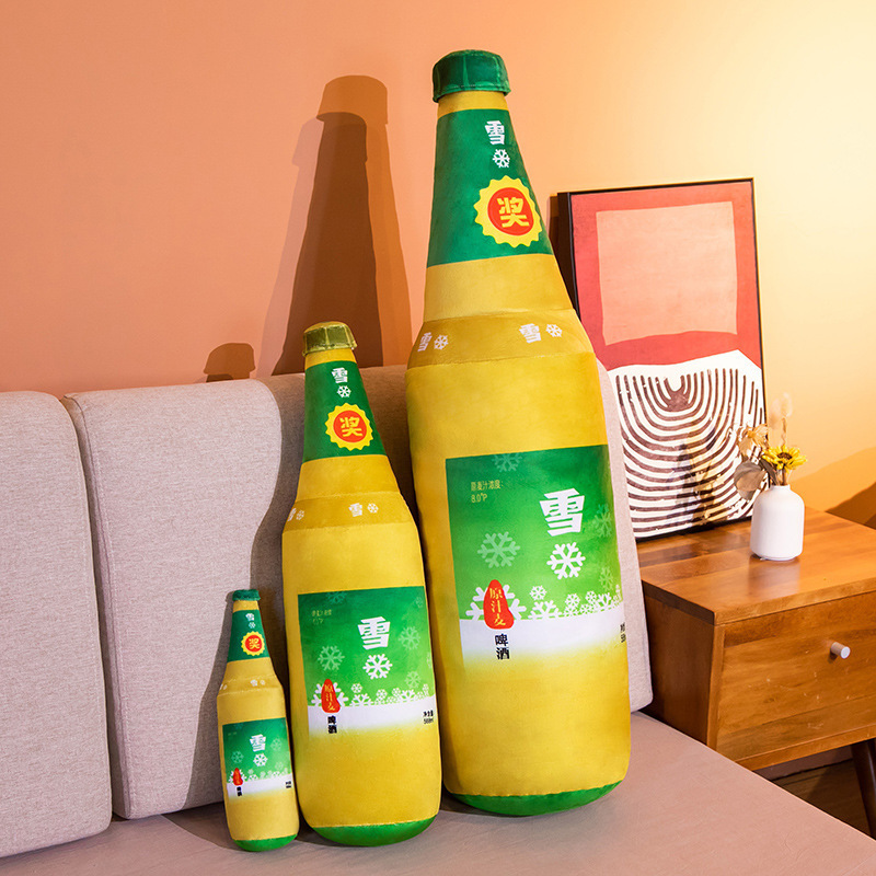 Simulación creativa impresa cerveza almohada botella de copo de nieve juguete de peluche abrazando muñeca dormida regalo de cumpleaños grande