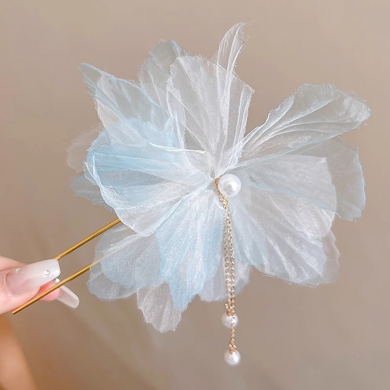 1#Horquilla para el cabello con flor de perla azul, 13 cm.
